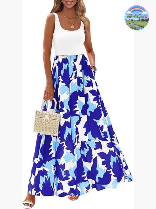 Dresses & Skirts - Boho Floral Maxi Dress Sleeveless Scoop Neck A-Line Tank Dress with Pockets